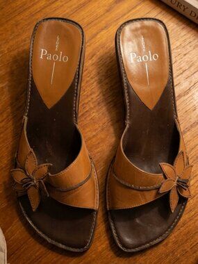 Linea Paolo Tan Flower Wedge Sandals